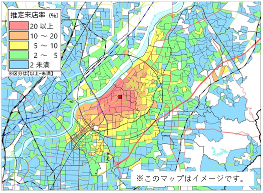 ある店舗のお客様の来店域（商圏）地図のイメージ